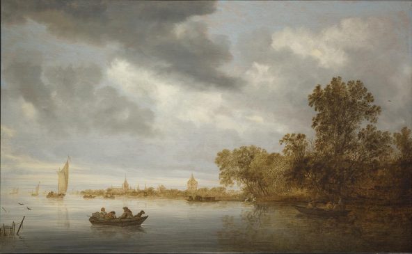 Salomon van Ruysdael, ﻿River Landscape with Fishermen, 1643, ﻿oil on panel, landscape painting featuring water.