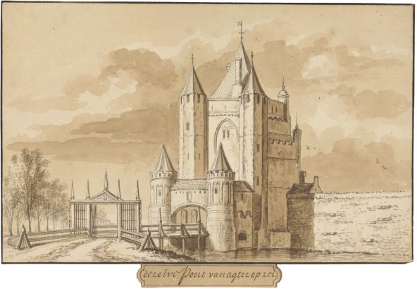 Drawing of a castle-like building next to a waterway. A gate over the canal directs maritime traffic.