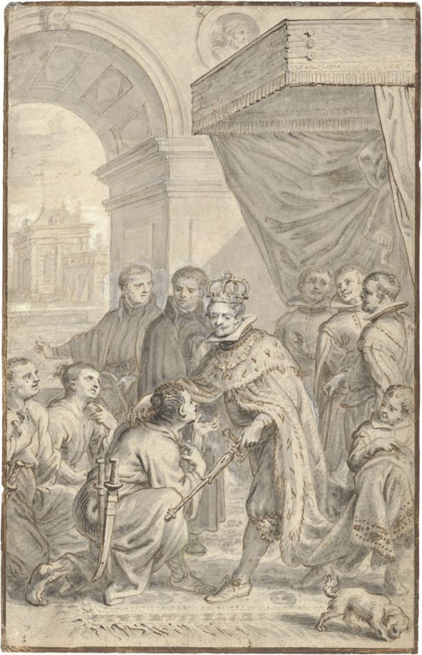 Abraham van Diepenbeeck, ﻿Flemish, 1596 – 1675, ﻿King Phillip II of Spain Receiving the Japanese Delegation in Madrid, c. 1667, ﻿black chalk, gray and brown washes with white highlights on paper. Drawing.