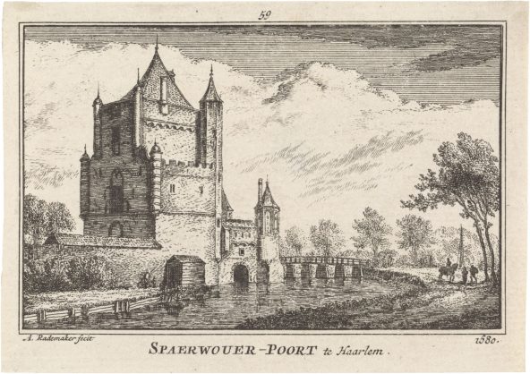 Etching of a castle-like building next to a canal. A gate over the canal directs maritime traffic.