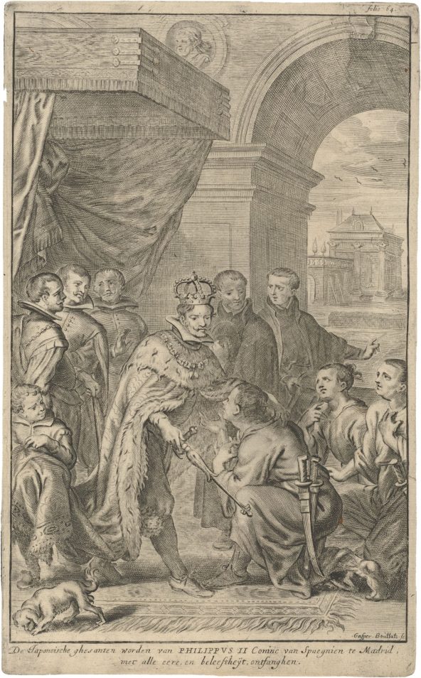 Frederik Bouttats the younger, after Abraham van Diepenbeeck, ﻿Flemish, died 1676, ﻿King Phillip II of Spain Receiving the Japanese Delegation in Madrid, 1667, ﻿engraving on paper.