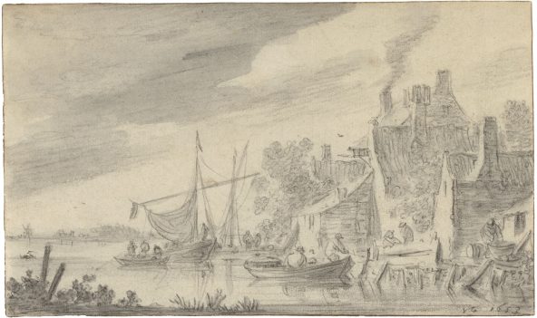 A river scene with a shroud of heavy clouds extending across the sky as boats sail to and from the jetty located beside the tavern. Chimney smoke rises above the buildings.