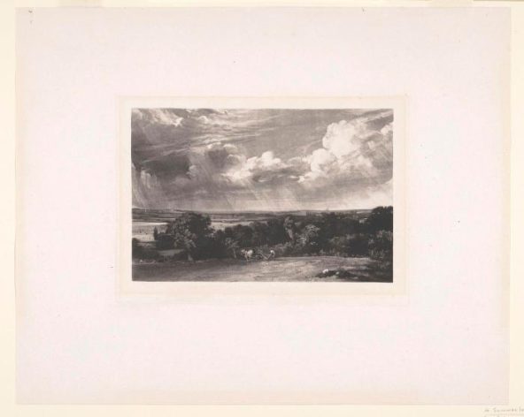 A tonal print of John Constable's painting, ﻿A Summerland, from Various Subjects of Landscape, Characteristic of English Scenery. The landscape scene features what appears to be British moors; rays of light streak through the clouds to the land below. A farmer tills the land with a horse-pulled tiller.