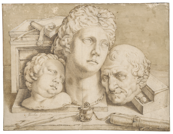 Jacob Matham, Still Life with Three Sculpted Heads