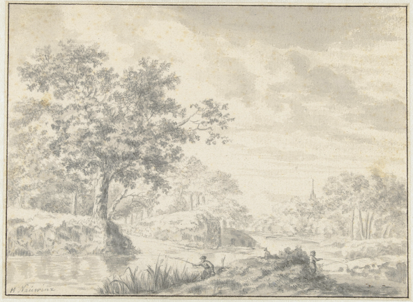 Herman Naiwincx, Wooded River Landscape with Two Anglers
