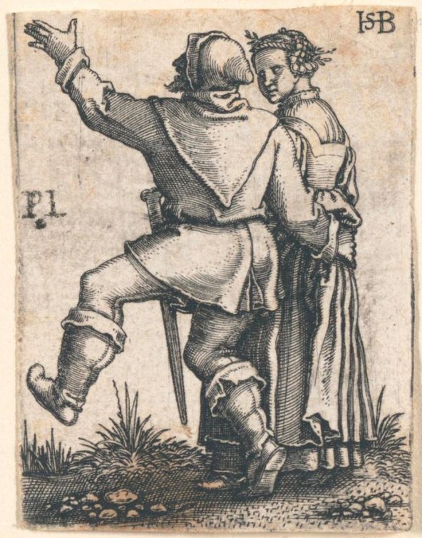 A miniature engraving of a medieval peasant couple dancing.