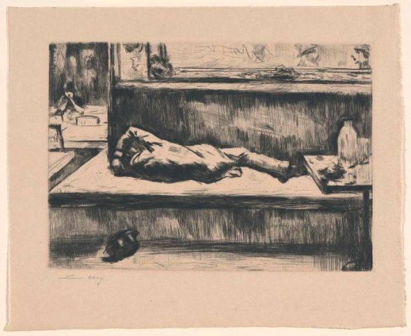 Drawing of a man sleeping on a bench in a restaurant or bar after consuming absinthe.