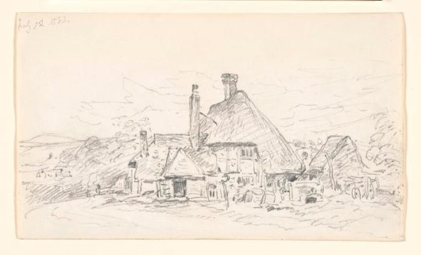 A pencil sketch of a farmhouse and trees.