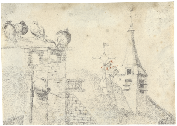 Unidentified artist, copy after Cornelis Saftleven, Pigeons on a Chimney and a Nest of Storks by a Steeple