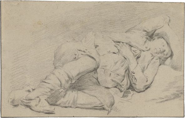 Drawing of a man sleeping in his clothing.