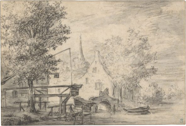 Jacob van Ruisdael, Riverbank with a Wooden Aqueduct and View of a Village, c. 1650, black chalk and gray wash on paper. Landscape drawing featuring water..