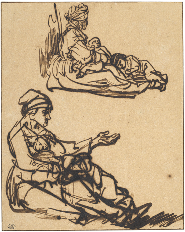 Rembrandt, Two Studies of a Seated Beggar Woman with Two Children