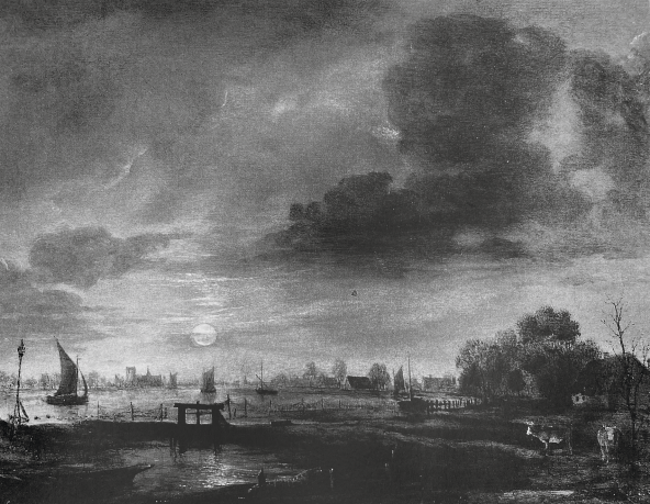 Anthonie van Borssom, Wide River Landscape by Moonlight