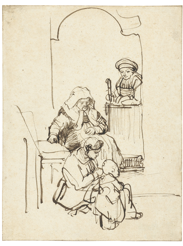 Rembrandt, Three Women and a Child by a Door to a House