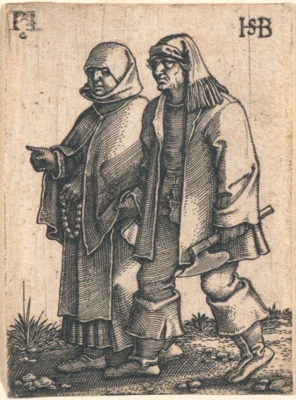 A miniature engraving of a medieval peasant couple walking. They both have stern facial expressions; the man holds an ax and the woman points in the direction they are walking.