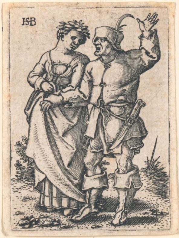 A miniature engraving of a medieval peasant couple walking. The man exclaims angrily with his left hand raised above his head. The woman looks at the man, holding her long skirts in her right hand as they walk.