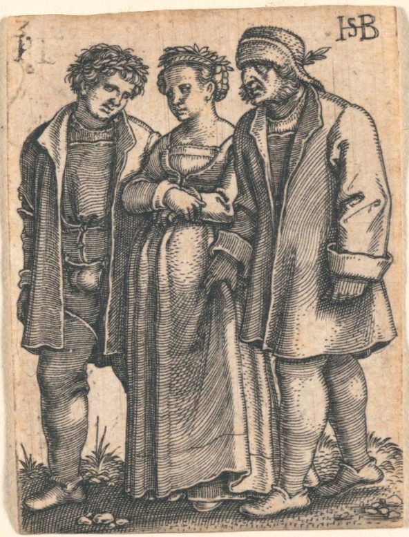 A miniature engraving of a medieval peasant couple walking with an older man. The bride is in the center, being escorted by her bridegroom at the left and her father on the right.